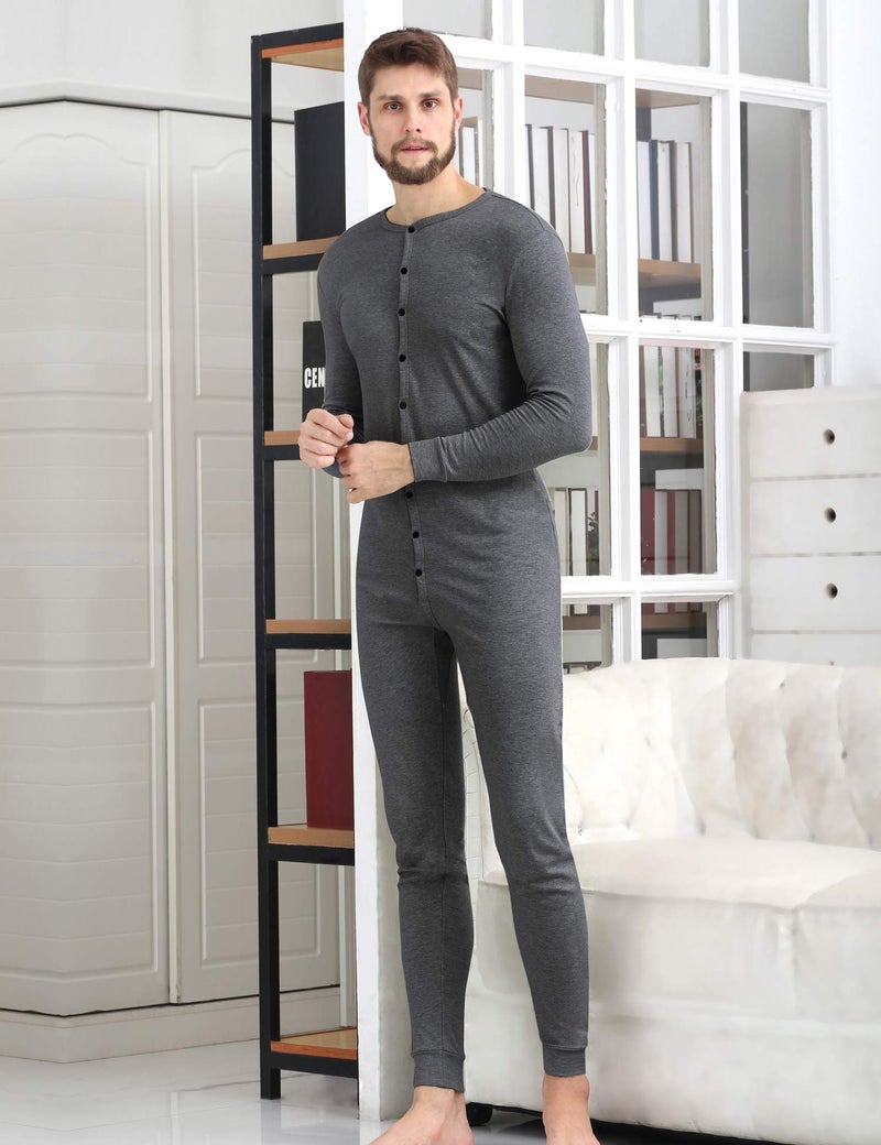 COLORFULLEAF Men's Cotton Thermal Underwear Henley Union Suits Onesies Base Layer (Dark Grey, XL) - Image 2